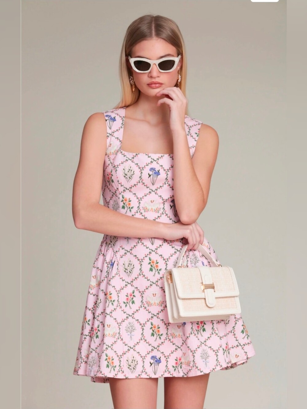 Avec Les Filles Pink Floral Square-Neck Mini Dress Size 12 (Broken Zipper)